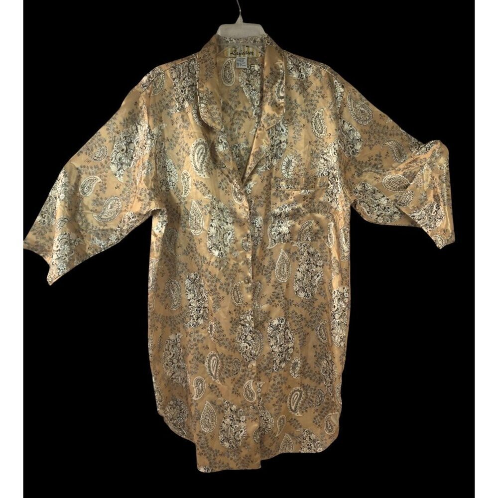 Labeaux Satin PJ Shirt Women XL Gold Paisley Button Oversize Lounge Sleep Top